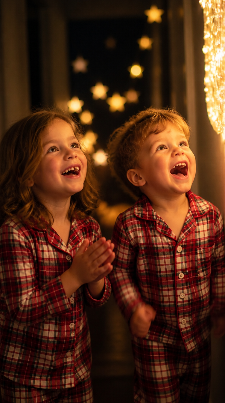 Kids amazed by the glowing Christmas wall light