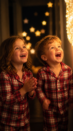 Kids amazed by the glowing Christmas wall light